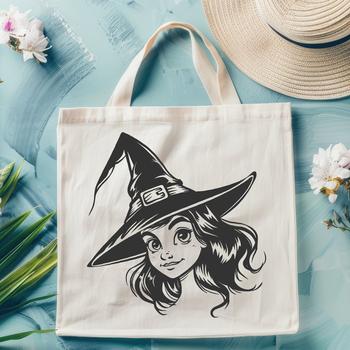 A depiction of a witch with a pointed headpiece, surrounded by mystical symbols, evoking the theme of magic.