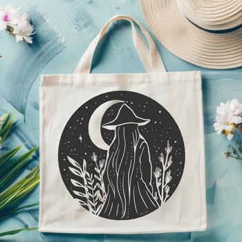 Illustrated witch practicing magic in a gothic setting, suitable for Halloween decorations.