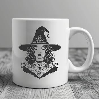 A detailed illustration of a witch's head with intricate designs and patterns, suitable for vector art and design.
