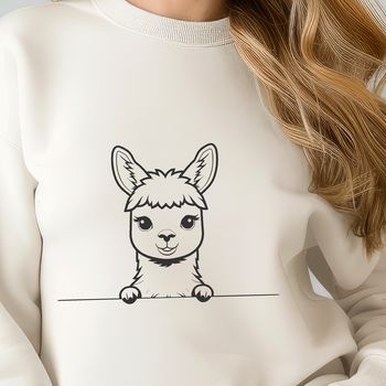 An illustration of a curious alpaca peeking out from behind a stone wall.