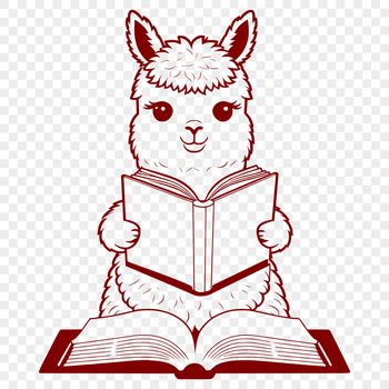 An alpaca sitting on the ground with a book in its hooves, depicted as a vector graphic.