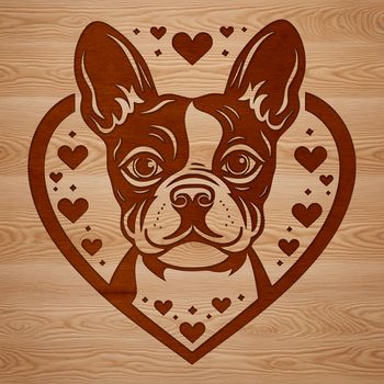 A colorful illustration of a friendly Boston Terrier with hearts around its head.