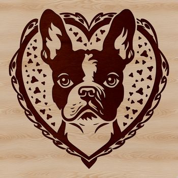 A stylized illustration of a friendly Boston Terrier's head with distinctive facial features and markings.