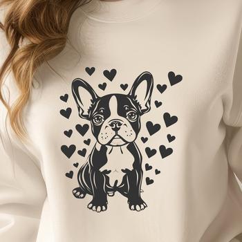 A cute Boston Terrier sitting in front of a heart-patterned background.