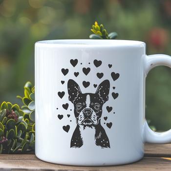A digital illustration of a cute Boston Terrier dog with heart shapes surrounding its head.