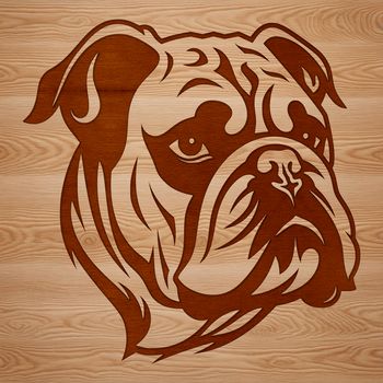 A graphic representation of a bulldog face in simple lines and shapes.
