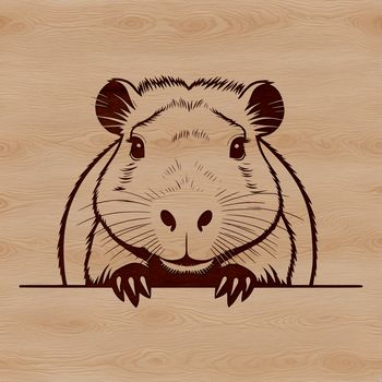 A close-up illustration of a capybara's face, peeking out from behind foliage.