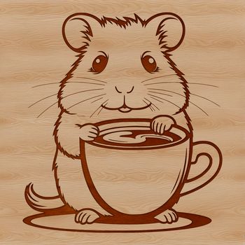 A cute illustration of a small hamster holding a tiny coffee cup in its paws.