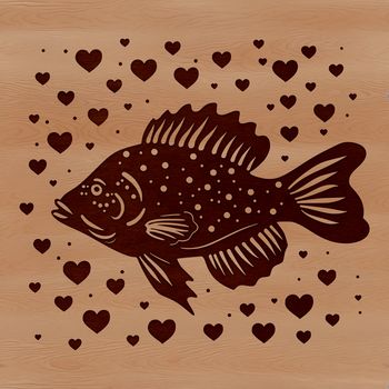 A detailed vector illustration of a crappie fish with heart symbols surrounding it.