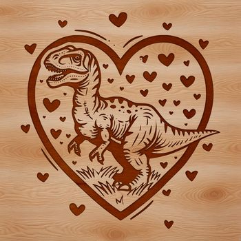 A prehistoric dino illustration featuring a dinosaur surrounded by love hearts.