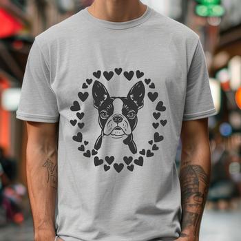 Boston Terrier breed dog with heart symbols on its head.