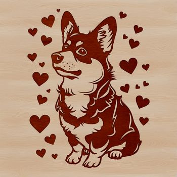 A stylized illustration of a sitting Welsh Corgi, surrounded by heart symbols.