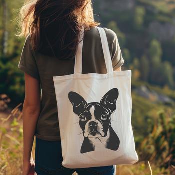 A stylized illustration of a friendly Boston Terrier's head, suitable for digital cutting machines.