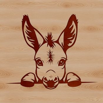A donkey's head peeking out from behind a leafy branch, depicted as vector art.