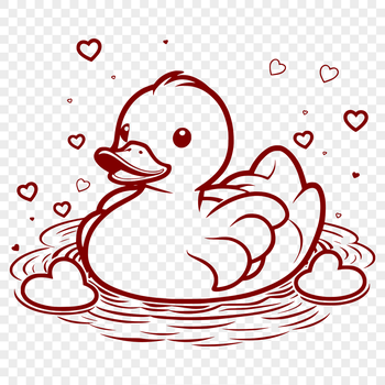 A digital illustration of a duck featuring red love hearts surrounding its body.