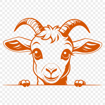 A young farm animal, a goat, peeking over a stone wall.