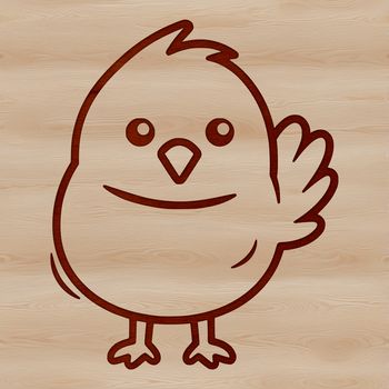 A simple line drawing illustration of a cute chick standing on farm land.