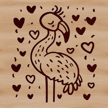 A stylized illustration of a flamingo with heart decorations on its feathers.