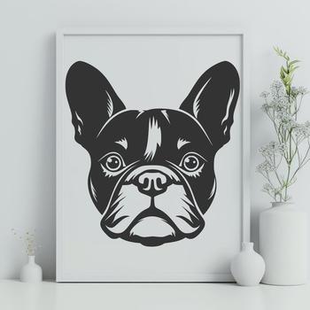 A detailed illustration of a French Bulldog's head with wrinkles and characteristic features.