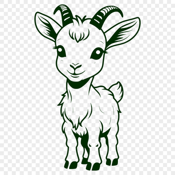 A white goat standing on a rocky terrain with green foliage in the background.