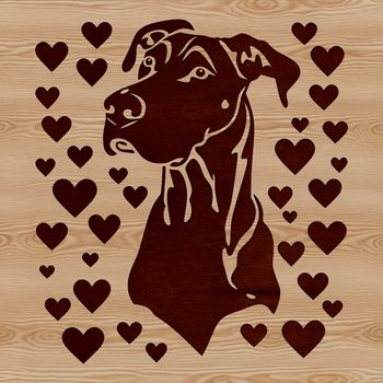 A close-up illustration of a Great Dane's head with love hearts surrounding its face.