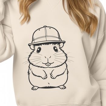A small, furry hamster wearing a tiny hat.