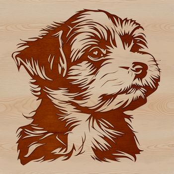 A detailed illustration of a small breed dog's head with a curved muzzle and floppy ears.