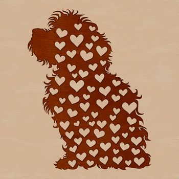 A cute, sitting Havanese dog with love hearts surrounding its body.
