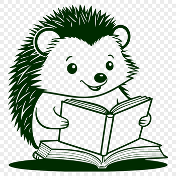 A hedgehog sitting on a rock or branch, surrounded by books or reading materials.