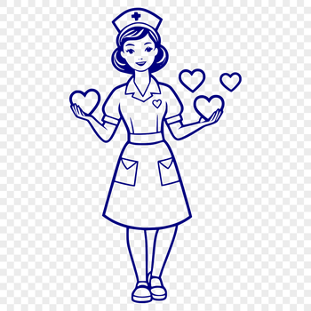 A female nurse depicted in full body pose, surrounded by heart symbols.