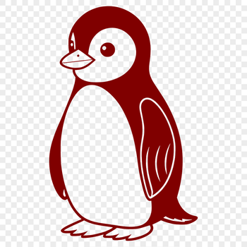 A stylized illustration of a penguin standing on a rocky shore.