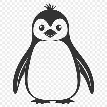 A stylized illustration of a penguin in black and white.