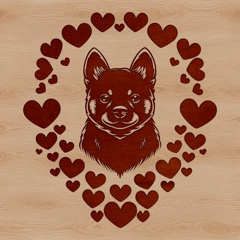 A cute Shiba Inu dog with love hearts surrounding its head.