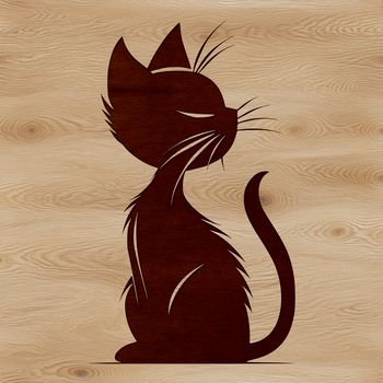 A small cat is depicted in a sitting position on a minimalist background.