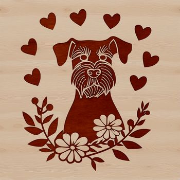 Close-up illustration of a miniature schnauzer's head with floral patterns and love hearts surrounding it.