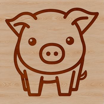 A simple line drawing of a pig standing on a farm background.