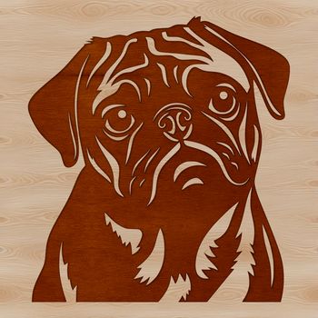 A detailed illustration of a pug's head with wrinkles and folds.