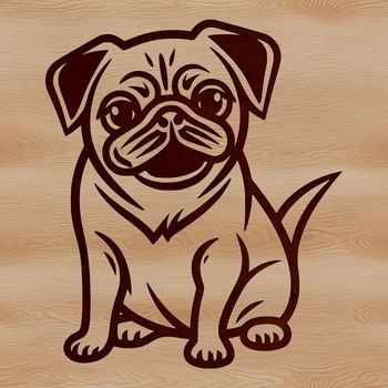 A simple line drawing of a cute pug sitting on its haunches.