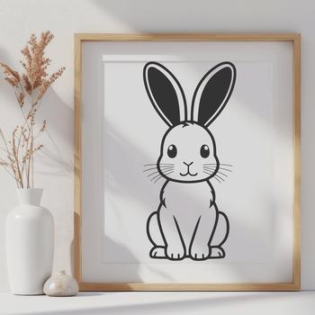 A simple illustration of a rabbit sitting upright with its front legs folded under its body.