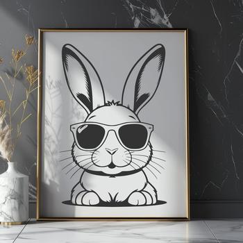 A cartoon rabbit character wearing trendy sunglasses on its head.