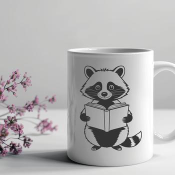 A cartoon raccoon sitting on a book, reading with curiosity.
