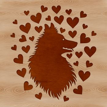 A close-up illustration of a Shetland sheepdog's head with heart symbols around it.