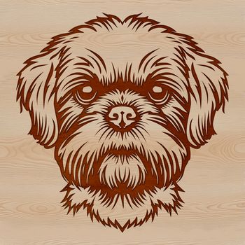 A small, fluffy dog with a distinctive head shape, suitable for use as vector art in designs such as clip art or stencils.