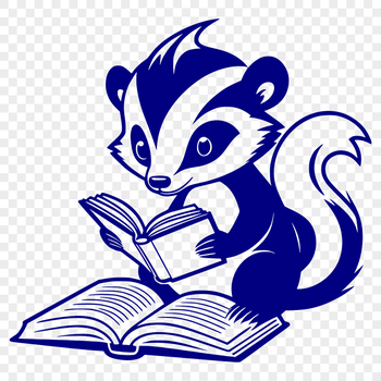 A skunk sitting on the ground, reading a book in a natural setting.