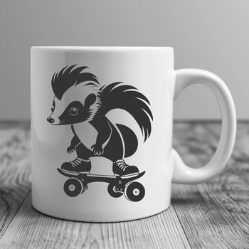 A stylized illustration of a wild skunk standing on a skateboard.