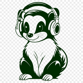 A simple illustration of a skunk with headphones, suitable for vector design and cutting machine applications.