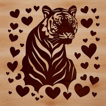 A stylized illustration of a tiger with heart patterns and designs.