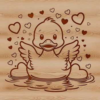 A colorful illustration of a duck featuring love hearts surrounding its body.