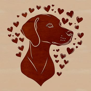 A portrait of a Weimaraner breed dog with heart shapes surrounding its face.