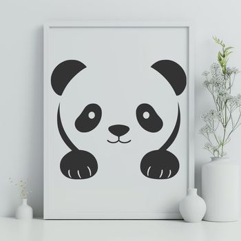 A simple illustration of a panda peeking out from behind a tree trunk.